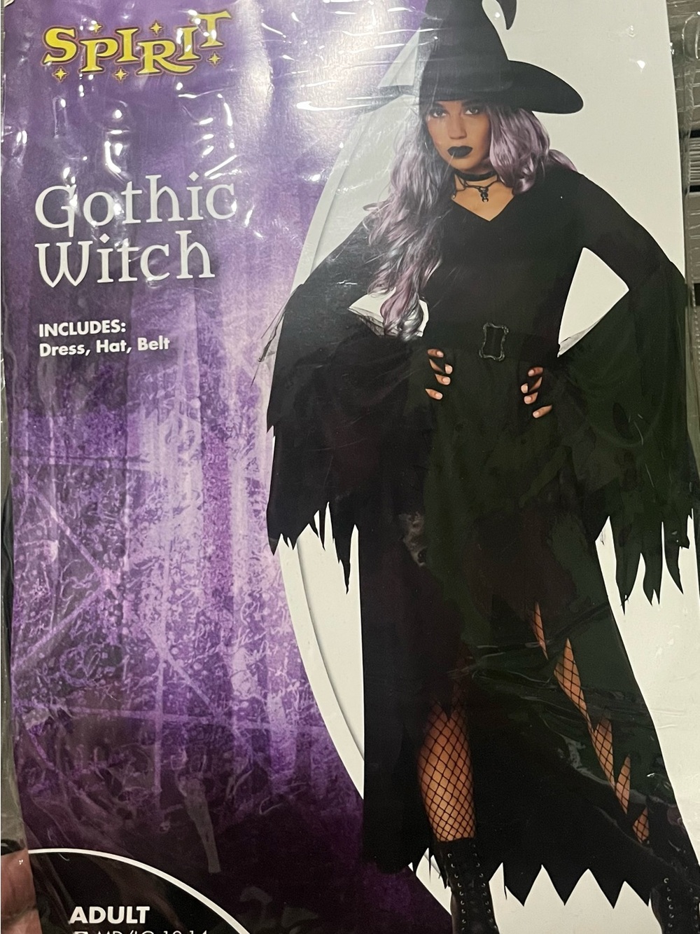NWT Spirit Gothic Witch Halloween Costume Adult M/L 10-14 Dress Hat Belt
